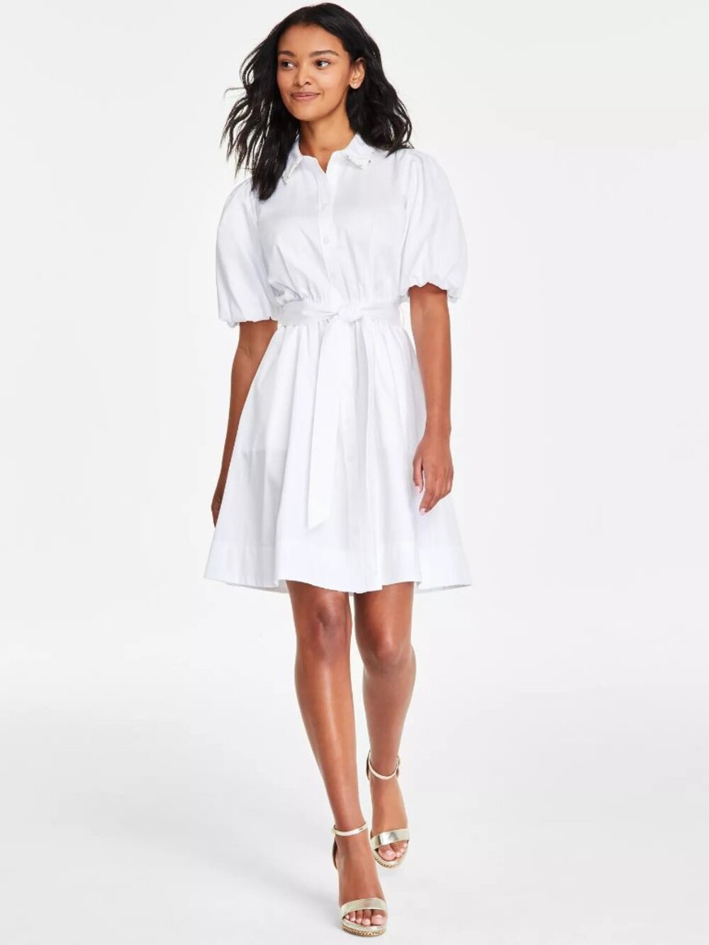 KARL LAGERFELD PARIS Womens Puff-Sleeve Tied Shirt Dress Faux Pearl Collar Sz 6